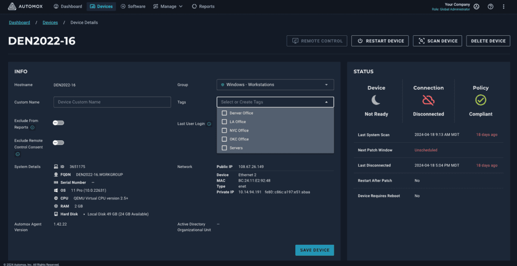 Example of Device Page with Tags highlighted 1